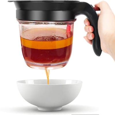 Vetafscheider voor Sauzen, 1000ml, Dubbele Filtratie, Eenvoudige Vet Scheiding met Drukknop, Ideaal voor Soepen en Sauzen
