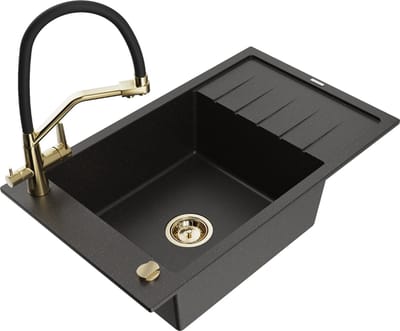 Mexen Elias granieten spoelbak met 1 bak, afdruiprek en Duo-keukenkraan, zwart/gouden metallic - 6511-75-671701-57-G