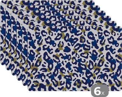 Placemat - Placemats kunststof - Panter - Design - Blauw - Groen - 45x30 cm - 6 stuks - Hittebestendig - Anti-Slip - Onderlegger - Afneembaar