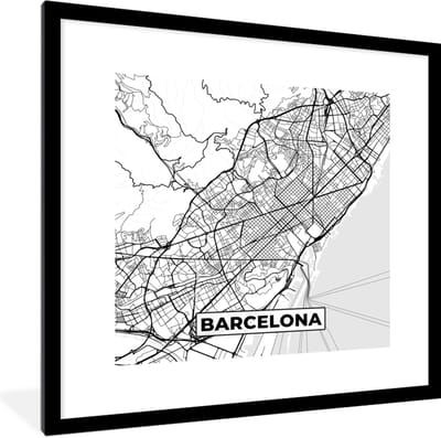 Fotolijst incl. Poster Zwart Wit- Kaart - Barcelona - Stadskaart - Plattegrond - Zwart Wit - 40x40 cm - Posterlijst