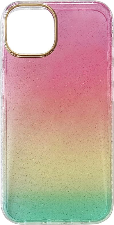 Casemania Hoesje Geschikt voor Apple iPhone 13 - Roze / Geel - Extra Stevig Glitter Regenboog Siliconen Back Cover
