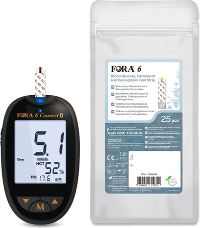 Fora 6 Connect - 6-in-1 - 3-1 bloedglucose, hematocriet en hemoglobine startpakket (glucose, cholesterol, urinezuur, ketonen, hematocriet & hemoglobine), incl. 10 Fora 6 3-1 bloedglucose, hematocriet en hemoglobine zelftest teststrips