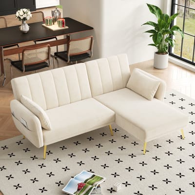 DESMIU Hoekbank 191,5 x 130,5 x 80 cm - Met Slaapfunctie En 3-Standen Verstelbare Rugleuning - Voor Woonkamer - Fluweel Beige