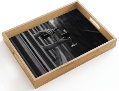 Dienblad hout 40x30 cm - Schootdienblad - Wijnfles - Glas - Handen - Raam - Borrelplank rechthoek - Plateau dienbladen
