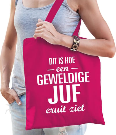 Geweldige juf cadeau tas - roze - voor dames - witte letters - kado tas lerares - juffrouw - bedankt - juffendag - katoen