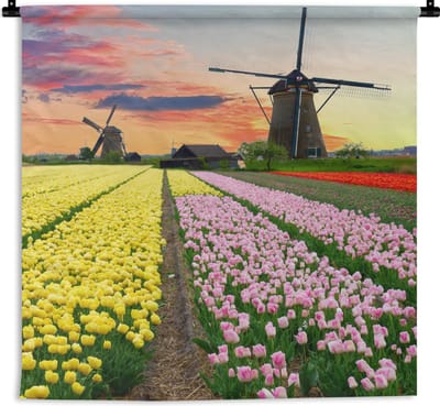 Wandkleed - Wanddoek - Tulpen - Windmolen - Natuur - 180x180 cm - Wandtapijt