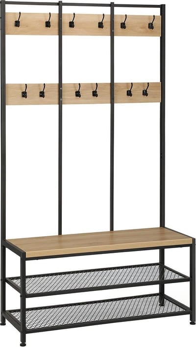 ACAZA Kapstok - Kapstok Staand - Staande Kapstok - Kapstok met Schoenenrek - 100 x 40 x 186 cm - Garderoberek - 24 Haken - Lichte Eik kleur - Schoenenrek