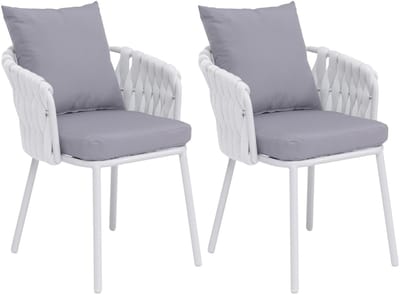 Set van 2 aluminium eetkamerstoelen MCW-P89, stoel voor binnen met armleuningen, stof/textiel (180 g/m²) met gevlochten touw ~ lichtgrijs
