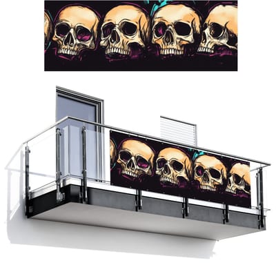 Balkonscherm 300x110 cm - Balkonposter Schedels - Graffiti - Neon - Balkon scherm decoratie - Balkonschermen - Balkondoek zonnescherm