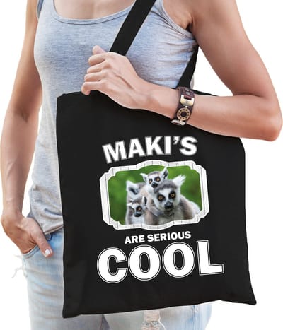 Dieren maki katoenen tasje volw + kind zwart - makis are cool boodschappentas/ gymtas / sporttas - cadeau maki apen fan
