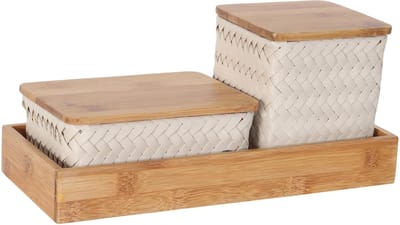 Organizer - Opbergmanden met bamboe deksel en rechthoekige tray - Bureau Organizer - Bureauhouder - Bureau accessoires Set - Set manden met deksel - Handgemaakt - Duurzaam - Organize (F)it ! - beige- champagne