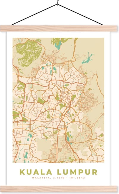 Posterhanger incl. Poster 40x60 cm - Schoolplaat - Kaart - Kuala Lumpur - Stadskaart - Plattegrond - Vintage - Textielposter - Blanke latten - Stadskaart