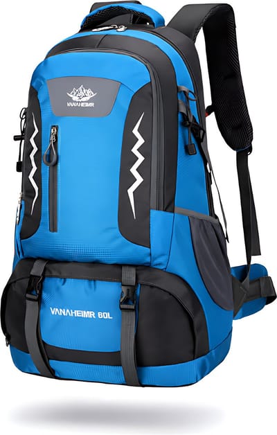 CarryQuest® 60L Wandelrugzak - Waterbestendige Hiking Backpack met Rugventilatie, Reflecterend Paneel & Lichtgewicht Outdoor Design - Hemelsblauw
