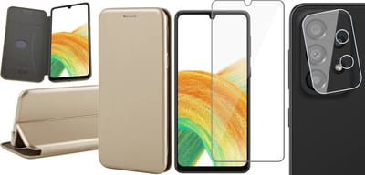 Hoesje geschikt voor Samsung Galaxy A33 - Book Case Kunstlederen Wallet Cover Minimalistisch Pasjeshouder Hoes Goud - Tempered Glass Screenprotector - Camera Lens Protector