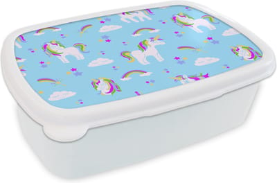 Broodtrommel Wit - Lunchbox - Brooddoos - Unicorn - Regenboog - Patronen - Kind - 18x12x6 cm - Volwassenen