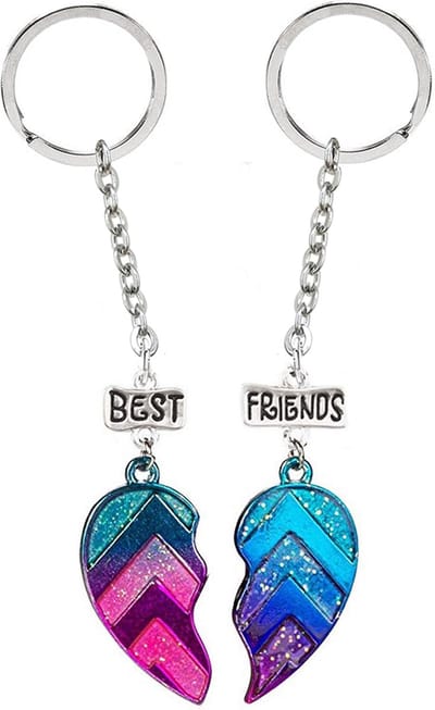 Bixorp Friends Vriendschap Sleutelhanger voor 2 Blauw & Roze Hartje - Roestvrij staal / Stainless Steel - Zilverkleurig