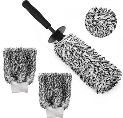 Velgenborstel - Met 2 Autowashandschoen - 42 cm - Velgenborstel auto - Borstel voor velgen - Microvezel - Wheel Brush - Auto Wassen - Auto Borstel - Verwijdert Moeiteloos Hardnekkig Vuil - Geschikt voor Alle Velgensoorten - Zwart
