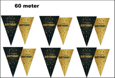 60 meter Luxe Vlaggenlijn Hartelijk gefeliciteerd goud/zwart - dubbelzijdig bedrukt - 6 stuks van elk 10 meter - Jubileum verjaardag thema feest