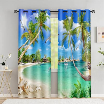 Scène de plage hawaïenne cocotier bord de mer rideau, un ensemble de deux, décoration rideau d'ombrage chambre à coucher salon maison 50W60H(CM)X2PCS&Rod Pocket
