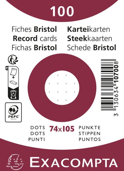 Exacompta 40x Pak 100 steekkaarten onder film - bristol karton dots niet geperforeerd - 74x105mm - Wit - 10700SE