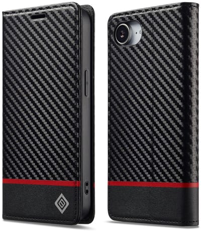 Luxe BoekCover Hoes Etui geschikt voor Apple iPhone 16e - iPhone 17e - Zwart - Rood - Carbon - V1