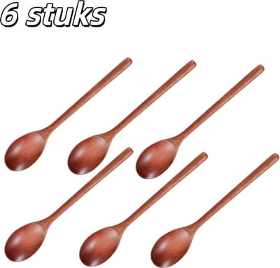 6 stuks - Lepels - Houten lepels - Houten lepelset - Rijstlepels - Anti-aanbakpan - Geschikt voor koken, roeren, mengen van honing, thee, frisdrank, desserts en kokos - Lengte 23.5 cm - Bruin