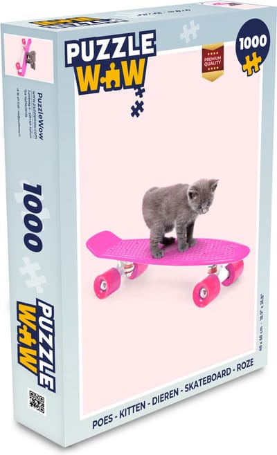Puzzel Poes - Kitten - Dieren - Skateboard - Roze - Legpuzzel - Puzzel 1000 stukjes volwassenen