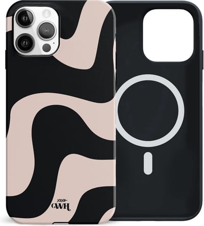 xoxo Wildhearts siliconen hoesje geschikt voor iPhone 12 Pro Max MagSafe hoesje - Ride With Me - Double Layer - Magnetisch telefoonhoesje - Magneet case - Backcover met dubbele beschermlaag - Golvenprint - Golvend patroon - golven - Beige / Zwart