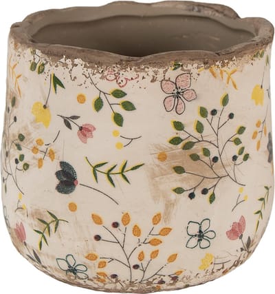 Keramiek Bloempot voor Binnen – Beige Bloemen – Rustieke Pot – Ø 14 cm – Bloemenmotief