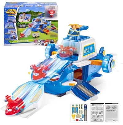 Super Wings World Aircraft Playset – Transformeerbaar Vliegveld met Licht & Geluid – Inclusief Jett & Golden Boy – Speelset vanaf 3 Jaar