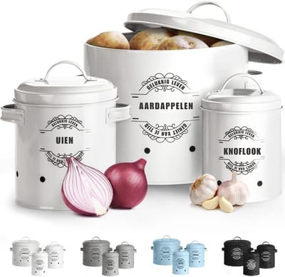 Thuys – Aardappelbak – Aardappelpot – Bewaardoos – Set Van 3 – Met Ventilatiegaten – 22 x 22 x 18cm – Wit
