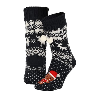 Morethansocks - Huissokken kerst dames - Pompons - Blauw - Fluffy sokken kerst - anti slip sokken kerst - Huissloffen kerst - kerstsokken dames