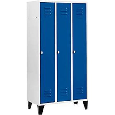 Kledinglocker met 3 compartimenten, 300 mm, draaigrendelslot, met poten, deur gentiaanblauw