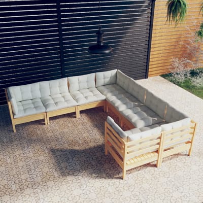 vidaXL - 8-delige - Loungeset - met - crèmekleurige - kussens - massief - grenenhout