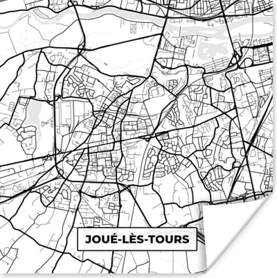 Poster Frankrijk - Joué-lès-Tours - Plattegrond - Stadskaart - Kaart - Zwart wit - 100x100 cm XXL