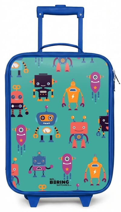 NoBoringSuitcases.com® - Kinderkoffer blauw - Kindertrolley jongen - Robo rave - Koffer kind lichtgewicht - Reiskoffer trolley voor kinderen - Koffertje met lichtgevende wieltjes - Rolkoffer