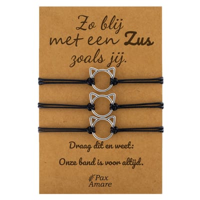 Vriendschapsarmbandjes voor 3 "Zo blij met een Zus zoals jij" - Schattig Katje - BFF Armbandjes met Cadeau Kaartje - Zwart & Zilverkleurig - Katje / Poesje Armband - Pax Amare