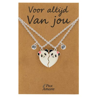 Koppel Ketting voor 2 'Voor altijd van jou' - Magnetisch Hartje Panda's - Vriendschapsketting op Cadeau Kaartje - 45cm + 5cm verstelbaar - Zilverkleurig - Persoonlijke Hanger - Pax Amare