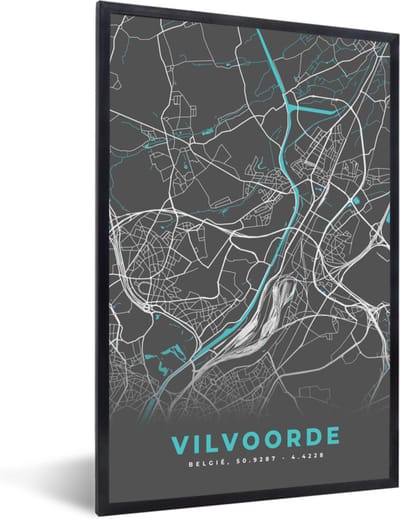 Fotolijst incl. Poster - Stadskaart – Grijs - Kaart – Vilvoorde – België – Plattegrond - 40x60 cm - Posterlijst