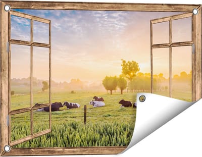 Gards Tuinposter Doorkijk Koeien in de Wei tijdens Zonsopgang - 60x40 cm - Tuindoek - Tuindecoratie - Wanddecoratie buiten - Tuinschilderij