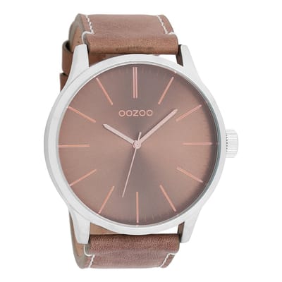 OOZOO Timepieces - Zilverkleurige horloge met bruine leren band - C7818