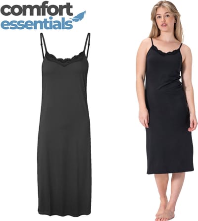 Comfort Essentials - Onderjurk Zwart - Lang Met Kant - S/M - EU 36-38 - Spaghetti Bandjes - Nachthemd -Nachtjapon - Microfiber - Slipdress - Anti-statisch
