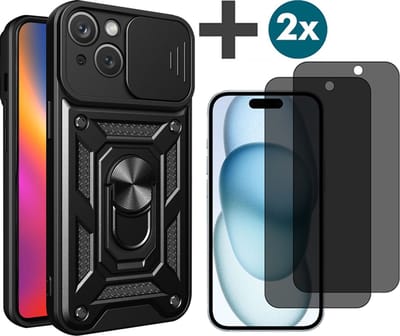 Hoesje met Privacy screenprotectors 2 stuks Geschikt voor iPhone 15 Plus met Ringhouder en Camera schuifje - Arara backcover - Zwart