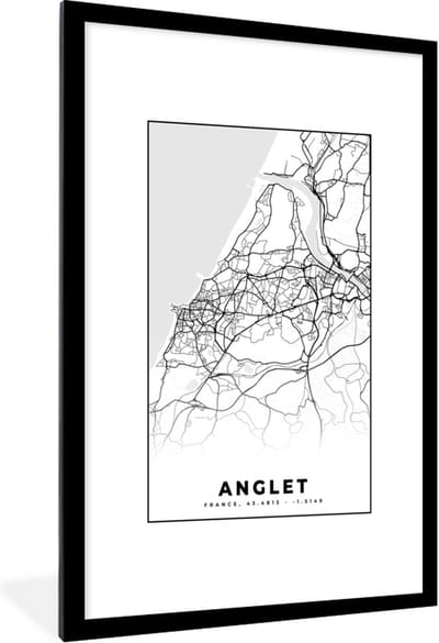 Fotolijst incl. Poster Zwart Wit- Anglet - Stadskaart – Plattegrond – Kaart – Frankrijk - Zwart wit - 80x120 cm - Posterlijst