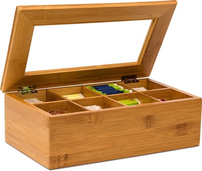 theedoos bamboe - 9 x 28 x 16 cm - 8 vakken - transparante deksel