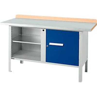 Box-type werkbank Schäfer Shop Select PWi 150-1, beuken multiplex blad, met stalen afdekking, tot 750 kg, B 1500 x D 700 x H 840 mm, gentiaanblauw