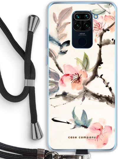 Case Company® - Hoesje met koord geschikt voor Xiaomi Redmi Note 9 hoesje met Koord - Japanse bloemen - Telefoonhoesje met Zwart Koord - Bescherming aan alle Kanten en Over de Schermrand