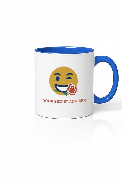 Mok 'Your Secret Admirer' - Knipoog Emoji met Roos & Blauw Handvat - Romantisch Cadeau