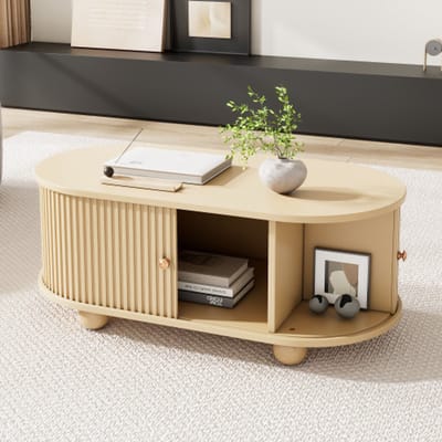 Lemlit Ovale Salontafel - Koffietafel en Bijzettafel met Opbergruimte en Schuifdeuren - 100x50x40 cm - Woonkamer Ruimtebesparend MDF - Houtkleur