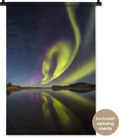Wandkleed - Wanddoek - Noorderlicht - Zweden - Paars - Water - Groen - 60x90 cm - Wandtapijt